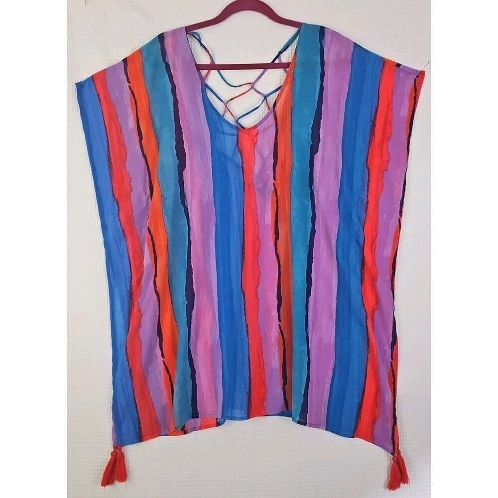 Palisades Beach Club Women Sz. M/L Swimsuit Cover-Up Tassels Sheer Cut Out Back